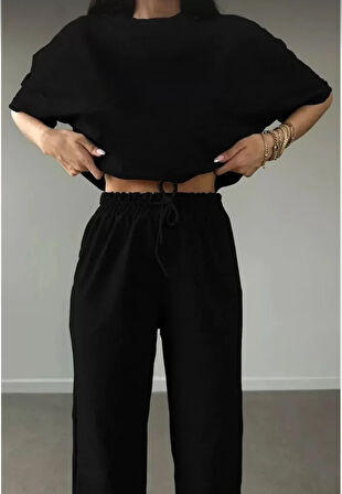 Livizmir Moda Unisex Düz T-Shirt Ve Eşofman Takımı - Siyah