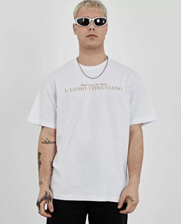 Livizmir Moda Unisex Bisiklet Yaka Baskılı Oversize T-Shirt - Beyaz