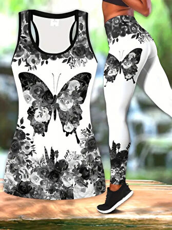 Livizmir Moda Kadın Sıfır Kol Yuvarlak Yaka Kelebek Desenli Alt Tayt Dalgıç Ikili Takım