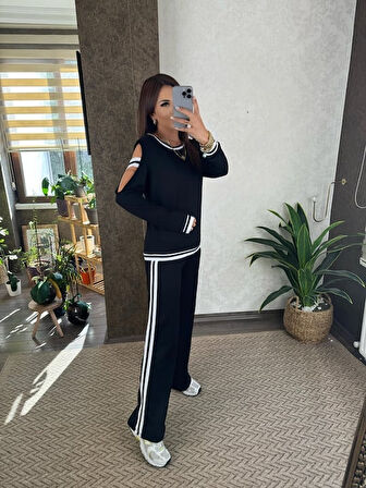 Livizmir Moda Kadın Iki Iplik Penye Kumaş Kol Detaylı Ribanalı Ikili Takım