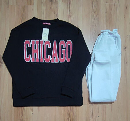 Livizmir Moda Kadın İçi Polarlı Üç İplik Kumaş Chicago Baskılı İkili Takım