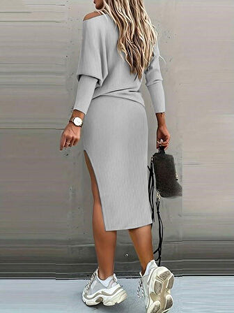 Livizmir Moda Kadın Uzun Kollu Düşük Omuz Yırtmaç Detay Kaşkorse Etek Bluz Ikili Takım