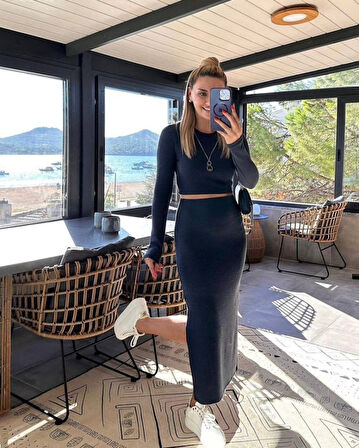 Livizmir Moda Kadın Soft Kaşkorse Kumaş Bluz Ve Yırtmaç Detaylı Etek Ikili Takım