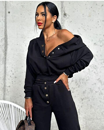 Livizmir Moda Kadın Iki Iplik Kumaş çıtçıt Detaylı Kapüşonlu Bluz Ikili Takım