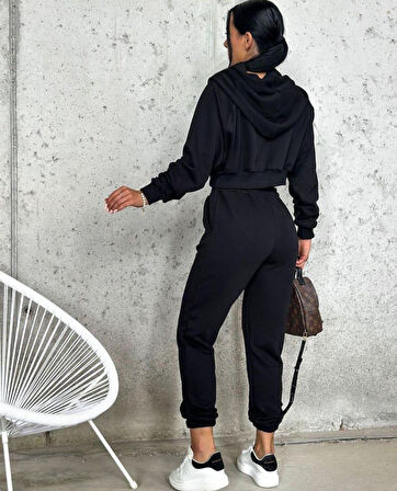 Livizmir Moda Kadın Iki Iplik Kumaş çıtçıt Detaylı Kapüşonlu Bluz Ikili Takım