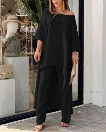 Livizmir Moda Kadın Uzun Kollu Kayık Yaka Detay Tunik Ve Pantolon Ikili Takım