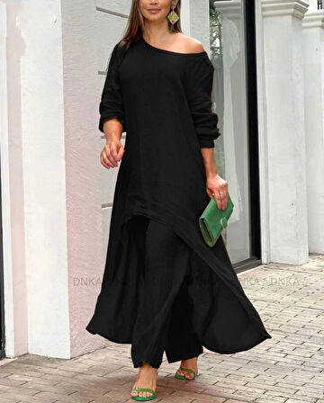 Livizmir Moda Kadın Uzun Kollu Kayık Yaka Detay Tunik Ve Pantolon Ikili Takım