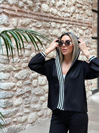 Livizmir Moda Kadın Iki Iplik Kumaş şerit Detaylı Kapşonlu Ikili Takım