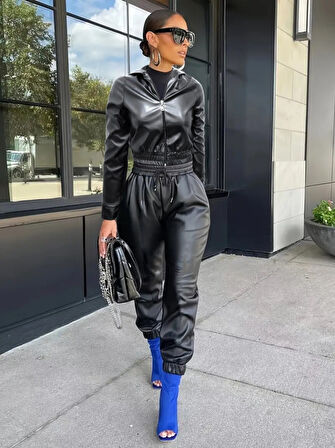 Livizmir Moda Kadın Uzun Kollu Kapüşonlu Ceket Bel Ve Paçası Lastikli Pantolon Ikili Deri Takım