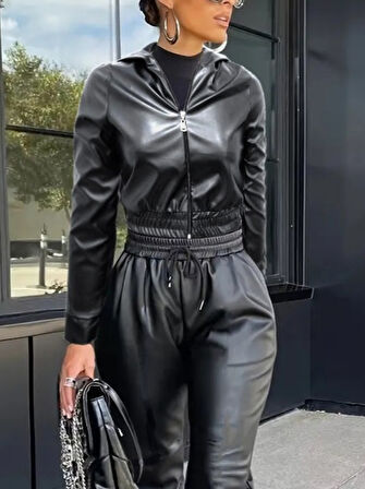 Livizmir Moda Kadın Uzun Kollu Kapüşonlu Ceket Bel Ve Paçası Lastikli Pantolon Ikili Deri Takım