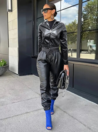 Livizmir Moda Kadın Uzun Kollu Kapüşonlu Ceket Bel Ve Paçası Lastikli Pantolon Ikili Deri Takım