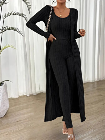 Livizmir Moda Kadın Yuvarlak Yaka Askılı Krop Bluz Yüksek Bel Tayt Ve Uzun Hırka şardonlu Kaşkorse üçlü Takım