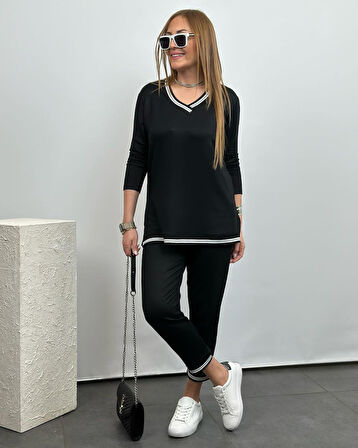 Livizmir Moda Kadın Uzun Kollu V Yakalı şerit Detay Alt Ve üst Viskon Iki Iplik Detay Ikili Takım