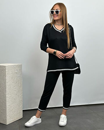 Livizmir Moda Kadın Uzun Kollu V Yakalı şerit Detay Alt Ve üst Viskon Iki Iplik Detay Ikili Takım