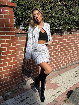 Livizmir Moda Kadın Uzun Kollu önü Açık Düğme Detaylı Dokuma Ceket Etek Ikili Takım