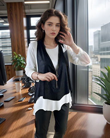 Livizmir Moda Kadın Uzun Kol Asimetrik Kesim Bluz Ve Asimetrik Kesim Fermuar Detay Deri Yelek Ikili Takım