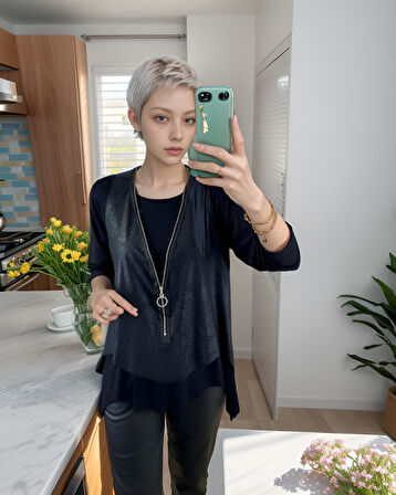 Livizmir Moda Kadın Uzun Kol Asimetrik Kesim Viskon Bluz Ve çatlak Deri Görünümlü Fermuar Detaylı Ye