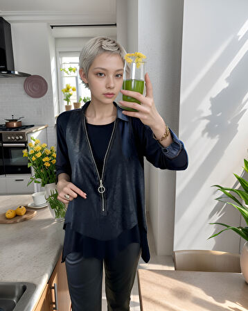 Livizmir Moda Kadın Uzun Kol Asimetrik Kesim Viskon Bluz Ve çatlak Deri Görünümlü Fermuar Detaylı Ye