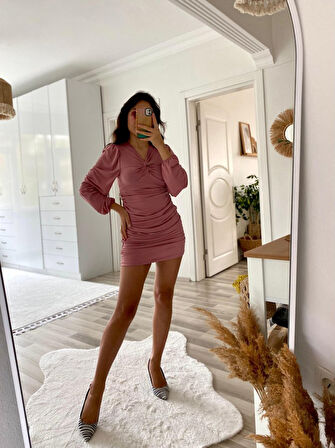 Livizmir Moda Kadın Uzun Kollu V Yakalı Yanlardan Büzgülü Kısa Sandy Elbise