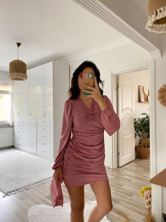 Livizmir Moda Kadın Uzun Kollu V Yakalı Yanlardan Büzgülü Kısa Sandy Elbise