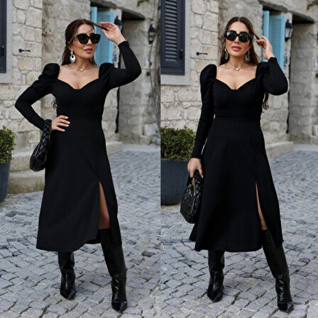 Livizmir Moda Kadın Uzun Kollu Göğüs Ve Sırt Dekolteli Krep Midi Boy Elbise