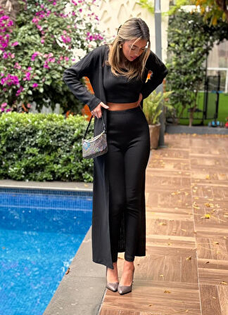 Livizmir Moda Kadın Yuvarlak Yaka Askılı Krop Bluz Yüksek Bel Tayt Ve Uzun Hırka şardonlu Kaşkorse üçlü Takım