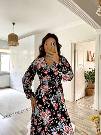 Livizmir Moda Kadın Uzun Kollu Kruvaze Yaka Beli Lastikli Yandan Yırtmaçlı Desenli Dalgıç Elbise