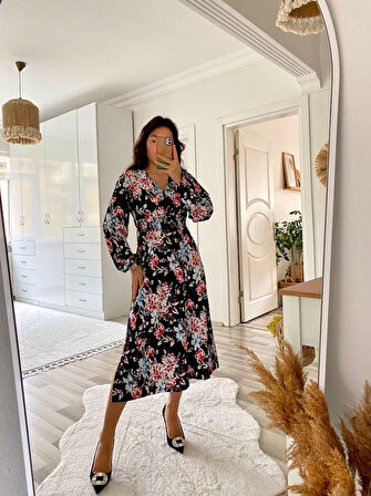 Livizmir Moda Kadın Uzun Kollu Kruvaze Yaka Beli Lastikli Yandan Yırtmaçlı Desenli Dalgıç Elbise