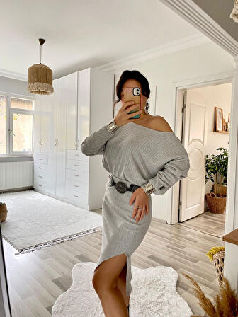 Livizmir Moda Kadın Uzun Kollu Düşük Omuz Yırtmaç Detay Kaşkorse Etek Bluz Ikili Takım