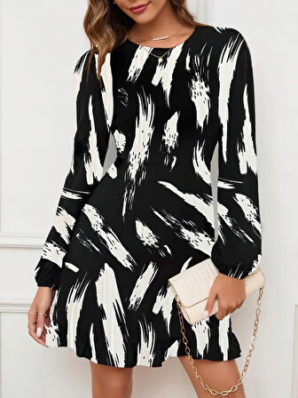 Livizmir Moda Kadın Uzun Kollu Bisiklet Yaka Desenli Kısa Krep Elbise