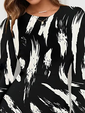 Livizmir Moda Kadın Uzun Kollu Bisiklet Yaka Desenli Kısa Krep Elbise