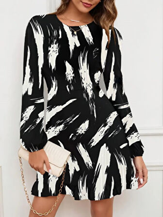 Livizmir Moda Kadın Uzun Kollu Bisiklet Yaka Desenli Kısa Krep Elbise