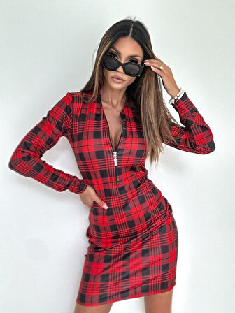 Livizmir Moda Kadın Uzun Kollu Fermuarlı Ekose Baskılı Dalgıç Elbise