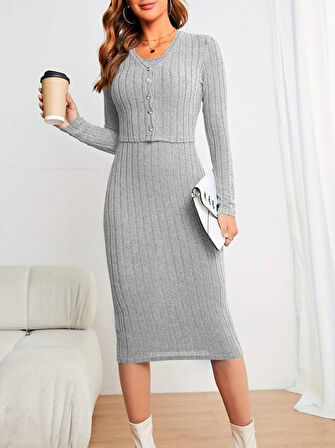 Livizmir Moda Kadın Uzun Kollu şardonlu Kaşkorseönü Düğmeli Mini Boy Elbise Ikili Takım