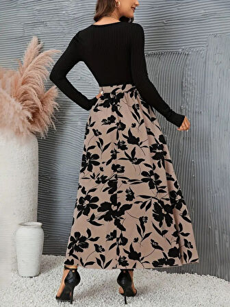 Livizmir Moda Kadın Uzun Kollu Yaka Açık üst Kaşkorse Beli Kuşaklı Alt çiçek Baskılı Dalgıç Elbise