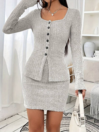 Livizmir Moda Kadın Uzun Kollu Geometrik Yaka önden Düğmeli şardonlu Kaşkorse Bluz Ve Etek Ikili Takım