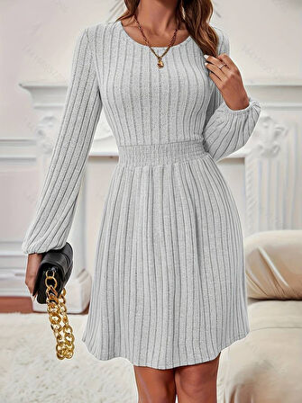 Livizmir Moda Kadın Uzun Kollu Bisiklet Yaka Beli Lastikli şardonlu Kaşkorse Mini Elbise