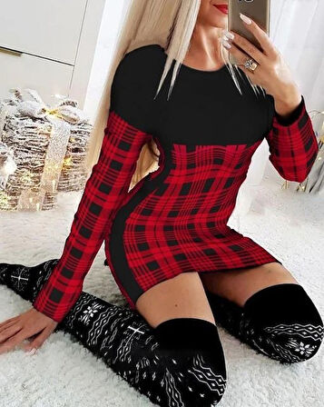 Livizmir Moda Kadın Uzun Kollu Yanları Siyah şerit Detay Kırmızı Ekoseli Dalgıç Elbise