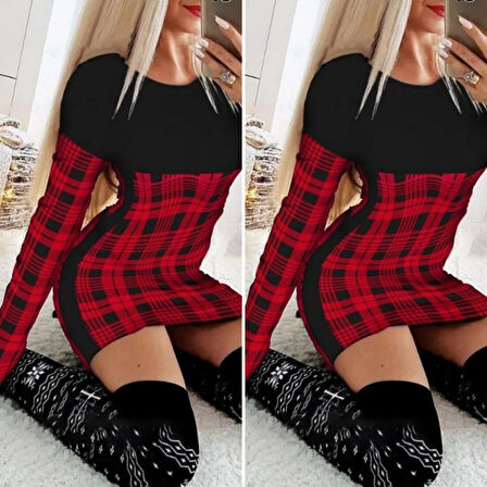 Livizmir Moda Kadın Uzun Kollu Yanları Siyah şerit Detay Kırmızı Ekoseli Dalgıç Elbise