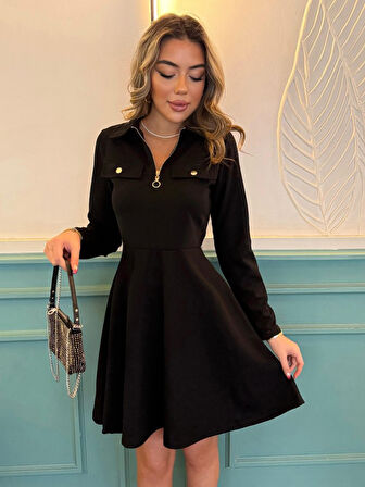 Livizmir Moda Kadın Uzun Kollu Yakalı Fermuarlı Ve Cepli Kısa Ithal Krep Kısa Elbise