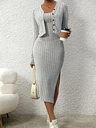 Livizmir Moda Kadın Uzun Kollu Ip Askılı Yuvarlak Yakalı Yandan Yırtmaçlı Elbise Ve Kısa Ceket şardo