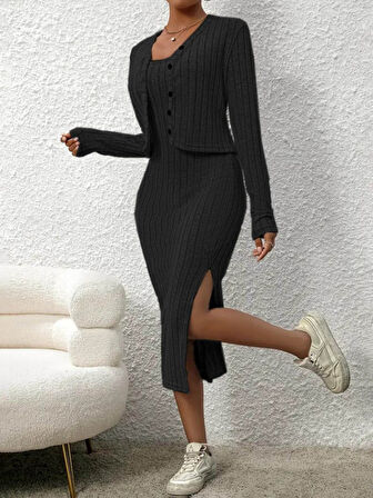 Livizmir Moda Kadın Uzun Kollu Ip Askılı Yuvarlak Yakalı Yandan Yırtmaçlı Elbise Ve Kısa Ceket şardo