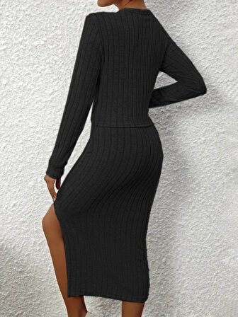 Livizmir Moda Kadın Uzun Kollu Ip Askılı Yuvarlak Yakalı Yandan Yırtmaçlı Elbise Ve Kısa Ceket şardo