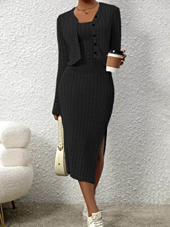 Livizmir Moda Kadın Uzun Kollu Ip Askılı Yuvarlak Yakalı Yandan Yırtmaçlı Elbise Ve Kısa Ceket şardo