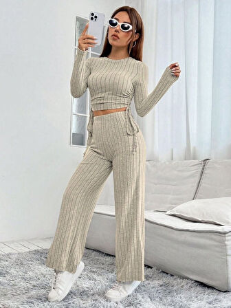 Livizmir Moda Kadın Uzun Kol Bisiklet Yaka Yandan Asansöz Büzgü Detay Bluz Ve Yüksek Bel İspanyol Pa