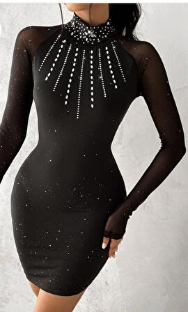 Livizmir Moda Kadın Scuba Kumaş Balıkçı Yaka Kolları Transparan Detay Mini Elbise