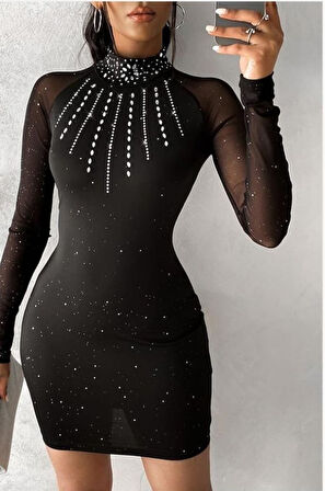 Livizmir Moda Kadın Scuba Kumaş Balıkçı Yaka Kolları Transparan Detay Mini Elbise