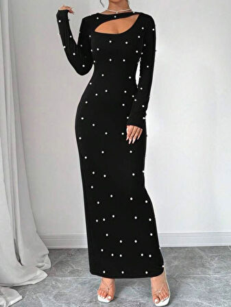 Livizmir Moda Kadın Uzun Kollu Göğüs Pencere Inci Detay Maxi Boy Elbise