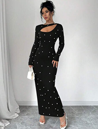 Livizmir Moda Kadın Uzun Kollu Göğüs Pencere Inci Detay Maxi Boy Elbise