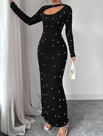 Livizmir Moda Kadın Uzun Kollu Göğüs Pencere Inci Detay Maxi Boy Elbise